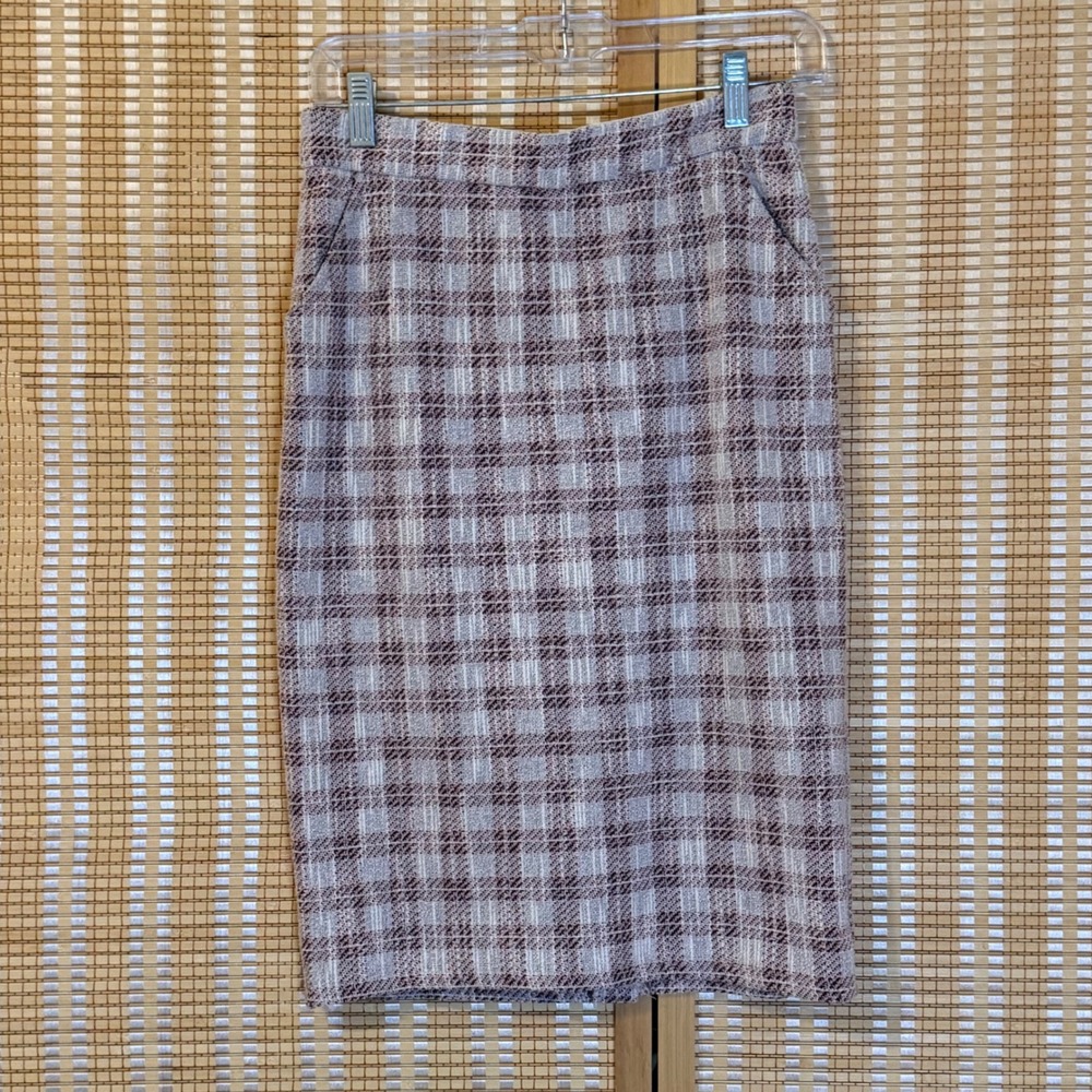 Kate Kasin Pink Plaid Tweed Pencil Skirt Pockets Medium High Waist Business Wear